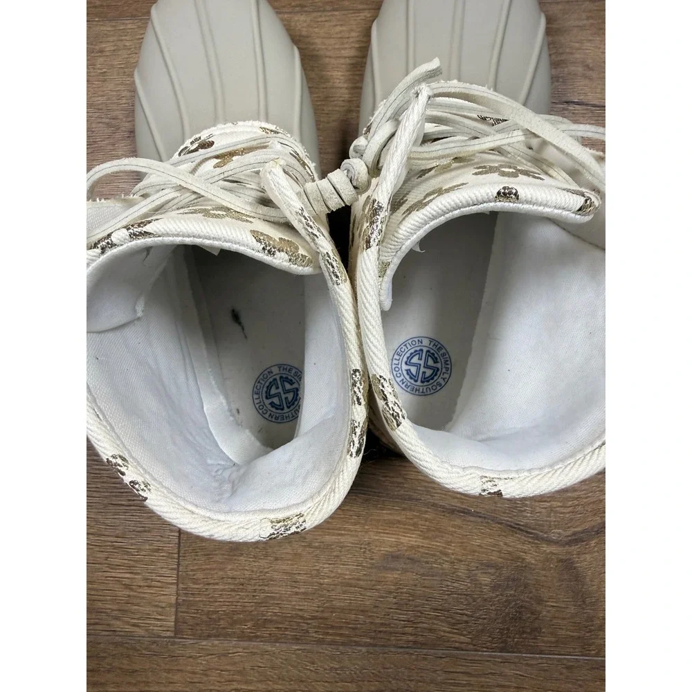 Simply Southern Womens Size 11 Duck Boots Cream Gold Floral Metallic Lace Up‎
